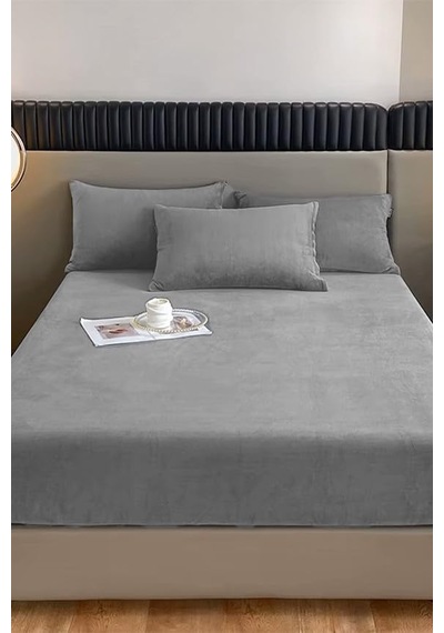 Kadife Kumaş Çift Kişilik Fitted Lastikli Çarşaf Takımı 160x200+30 Cm Açık Gri Çok Renkli