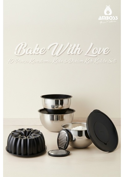 Bake with Love 10 Parça Karıştırma Kabı & Döküm Kek Kalıbı – Siyah