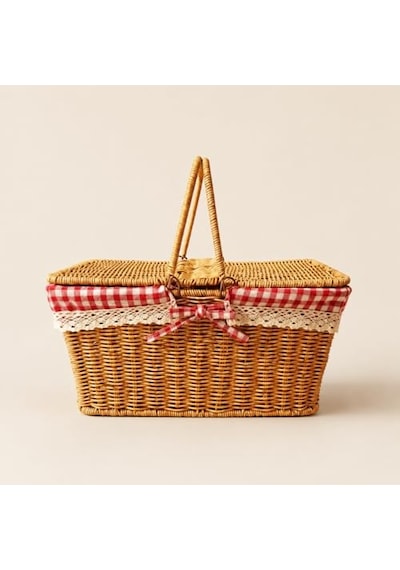 Tr Hasır Piknik Sepeti, Kırmızı Ekoseli Ve Dantelli Kapaklı Taşıma Sepeti, 39x27x18 Cm Ahşap Görünümlü Pikni Diğer