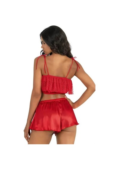 Ang Butik Kadın Dantel İşlemeli 2'li Kırmızı Saten Şort Takımı