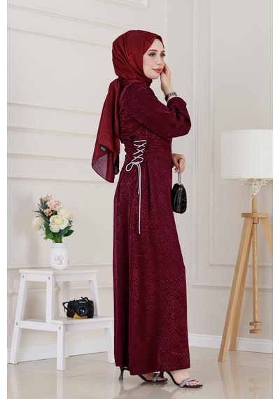 Buse Yanı Bağcıklı Saten Abiye-bordo-4997
