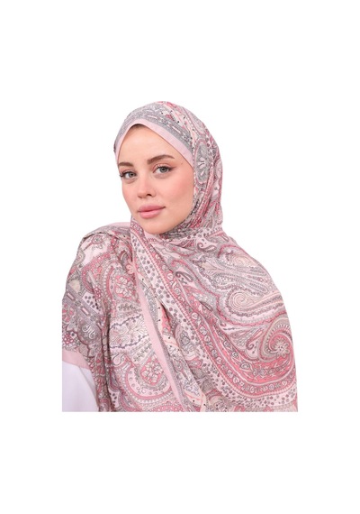 Premium Lux Original Etnik Desen Şal Vual İpek, 1. Sınıf, Hafif, Rahat, Şık, Tesettür Giyim Pembe
