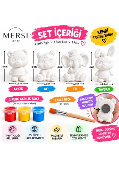 4 Lü Kendin Boya Taş Tozu Magnet Seti Hayvan Figürleri, 3 Renk Boya Ve Fırça