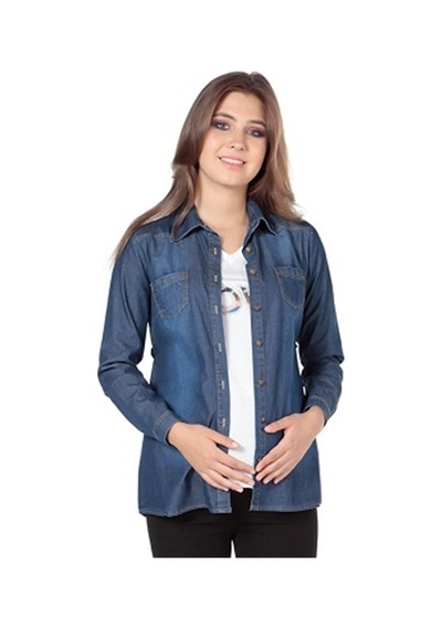 Busa Hamile Kot Gömlek Düz Model Mavi Mavi