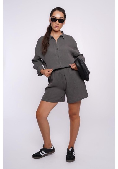 Seeh Füme Basic Müslin Şort Gömlek Takım Sh230