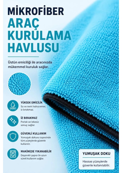 Mikrofiber Araç Kurulama Havlusu 50x70 Cm 600 Gsm Ultra Emici Oto Kurulama Bezi Çizmeyen Siyah Overlok Kenarlı