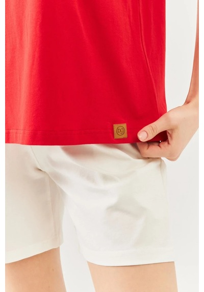 Kadın Rahat %100 Pamuklu Penye Bisiklet Yaka Kısa Kol Basic T-shirt Kirmizi