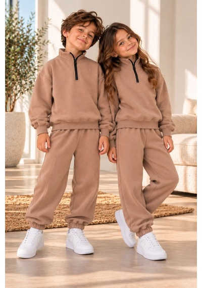 Zuzunga Unisex Çocuk Yarım Fermuarlı Dik Yaka Düz Renk Sweatshirt Ve Eşofman Takımı Bej