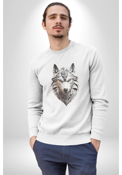 Beyaz Kurt Kafası Unisex Beyaz Baskılı Sweatshirt Beyaz