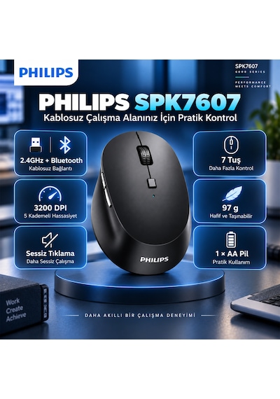 Philips SPK7607 Kablosuz 2.4GHz + Bluetooth 3200 DPI 7 Tuşlu Sessiz Mouse