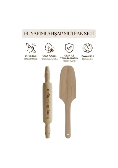 Orta Boy Merdane Ve Hamur Cevirme Spatula 2 Li Ahşap Hazırlık Seti Merdane & Spatula