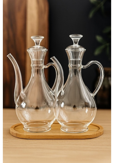 Morponi Bambu Standlı Borosilikat Cam Glorry Yağlık 2'li Set 700 Ml+700 Ml Şeffaf