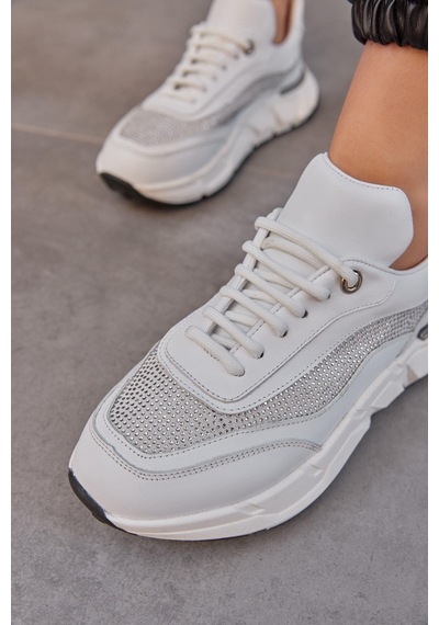 Hilary Beyaz Hakiki Deri Taşlı Kadın Sneaker-Beyaz