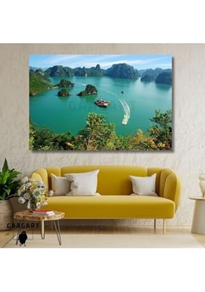 Tekli Yatay Kanvas Duvar Tablosu Yeşil Deniz Ve Adalar Manzara, 40 X 30 -