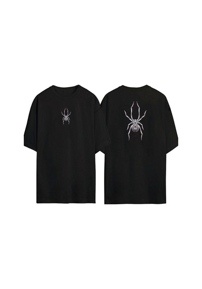 Thewert Unisex Çizgili Örümcek Ön Arka Baskılı Sıyah Oversize T-shirt Siyah