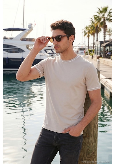 Buratti Pamuklu Bisiklet Yaka Kontrast Şeritli T Shirt Erkek T Shirt 5904034 Taş