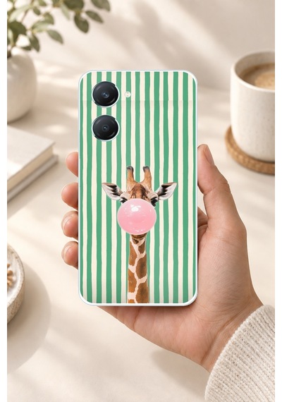 Vivo Y18 Uyumlu Yeşil Çizgili Sakız Şişiren Zürafa Baskılı Silikon Kılıf