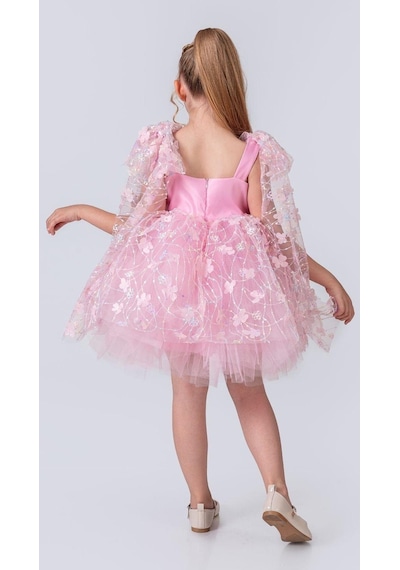 Mnk Baby & Kids Çiçek Brode Desen İmeros Kız Abiye M00736 Pembe