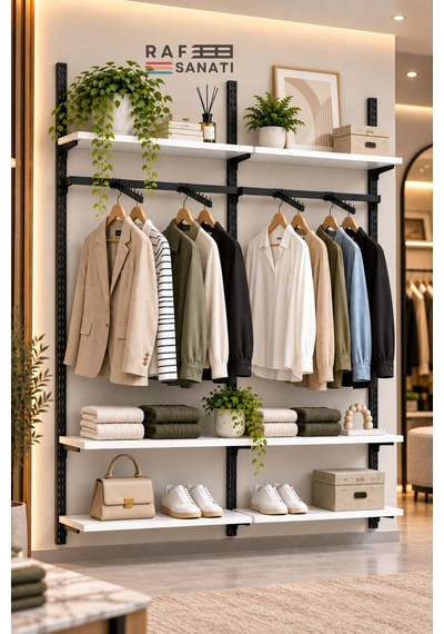 180 Cm Duvar Raf Askılık Sistemi 6 Raflı 2 Modül 200 Cm Konik Dikme Hazır Set Beyaz