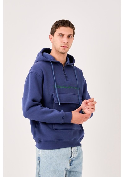 X-4005 Kapüşonlu Yarım Fermuarlı Sweat Lacivert
