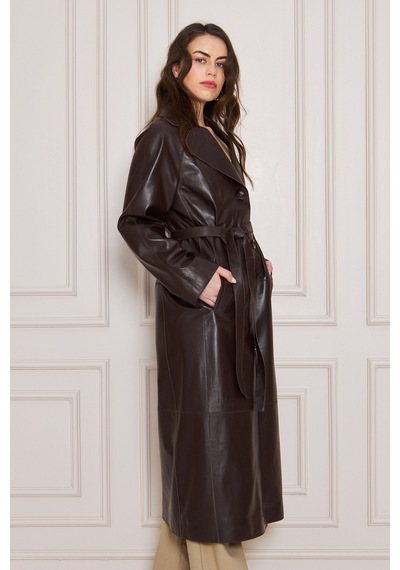 M M Marki Marki Kadın Hakiki Deri Trençkot Kahverengi, V Yaka, Kuşaklı, Düğme Kapamalı, Oversize, 120 Cm - 117222