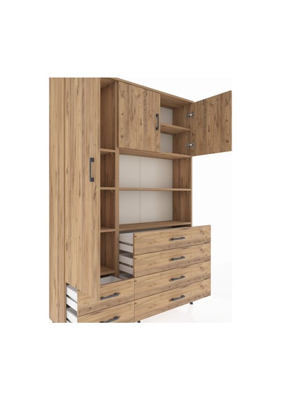 Arges Dolap 8 Raflı 6 Çekmeceli 3 Kapaklı 132x30x195 Çam-çam/çam Çam