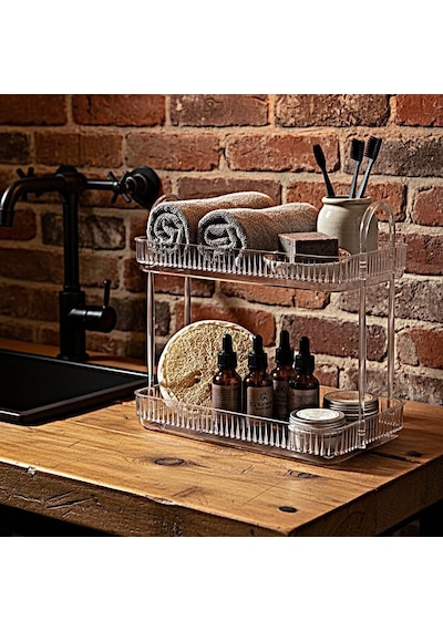 Banyo Düzenleyici Organizer Banyo Rafı Şeffaf Açık Ahşap