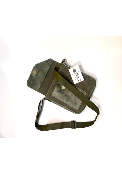 Natderi Hakiki Deri Ve Kanvas Omuz Çantası 20x21 Cm Ayarlanabilir Askılı, Ön Cepli Unisex Günlük Çanta Haki