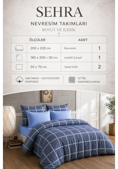 Lüks%80 Pamuklu Çift Kişilik Nevresim Takımı Seti Yorgan Kılıfı Mavi Lacivert Kare Beyaz Çizgi Desen 200x220 Cm Diğer