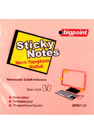 Bigpoint Yapışkanlı Not Kağıdı 75x75mm Neon Pembe X 12 Adet