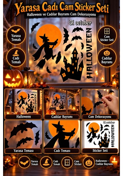 Halloween Yarasa Cadı Cam Sticker Seti Cadılar Bayramı Pencere Dekorasyonu Parti Aksesuarı Diğer