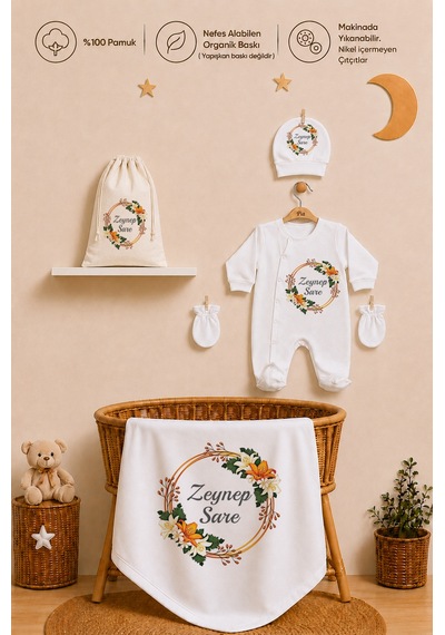 Pia Baby İsme Özel Yenidoğan Kız Bebek Hastane Çıkışı Battaniye Tulum Seti %100 Pamuk Ham Bez Kıyafet Kesesi Bebek Hediyesi 1118btk0x Ekru
