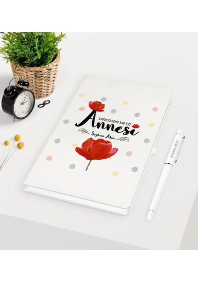 Kişiye Özel Dünyanın En İyi Annesi Beyaz Defter Kalem Seti - 10 Beyaz