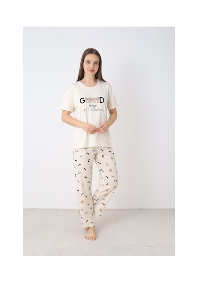 Elitol Nakışlı Milan Örme Kısa Kol Kadın Pijama Takımı Desenli-9