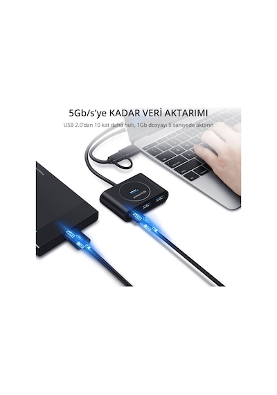 Ugreen 40850 Usb A/Usb C To 4 Port Usb 3.0 Hub Çoklayıcı Siyah 1M