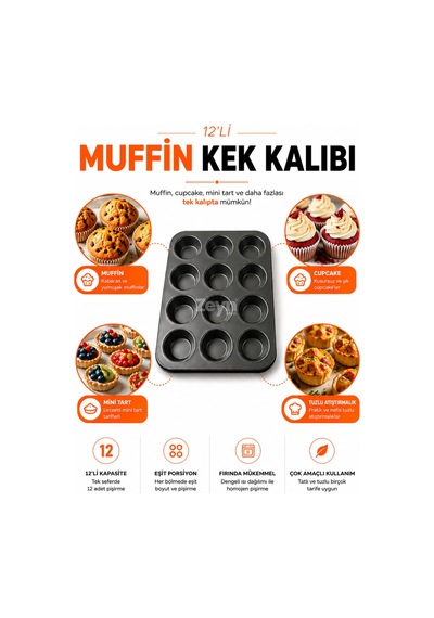 12'li Yapışmaz Muffin Kek Kalıbı Cupcake, Mini Tart Ve Tuzlu Atıştırmalık Pişirme Tepsisi Siyah