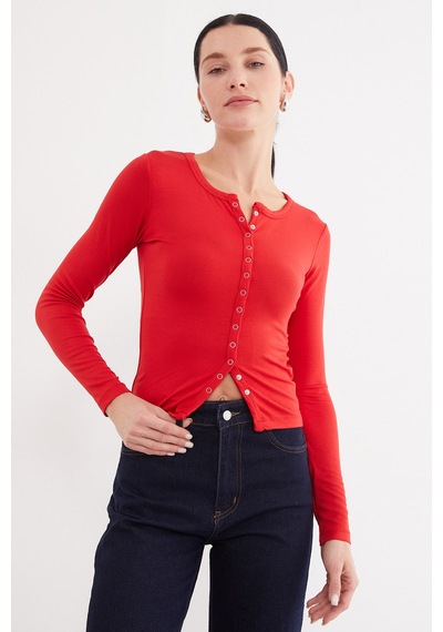 Fullamoda Önü Çıtçıtlı Ribanalı Slim Fit Bluz Kırmızı