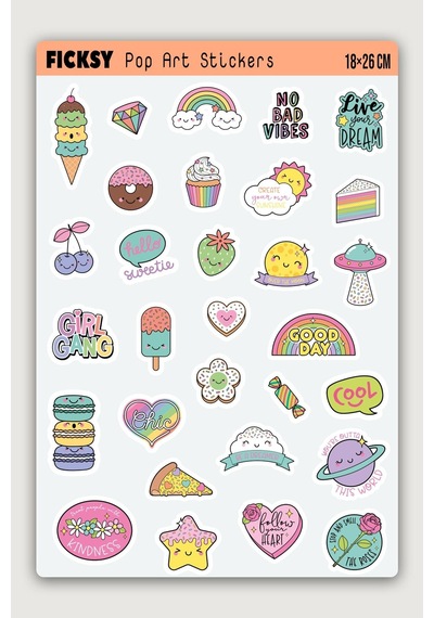 Sevimli Pop Art Stili Sticker Seti - 30 Adet Etiket Çıkartma Diğer