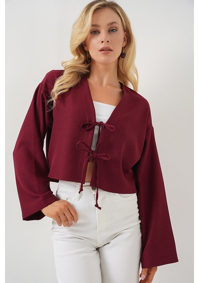 Bigdart Önü Bağlamalı Keten Kimono 960 - Bordo