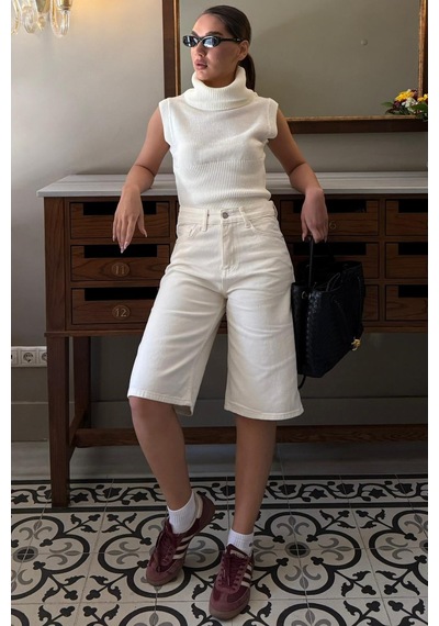 Madmext Beyaz Aura Kolsuz Balıkçı Yaka Triko Bluz Mg2825