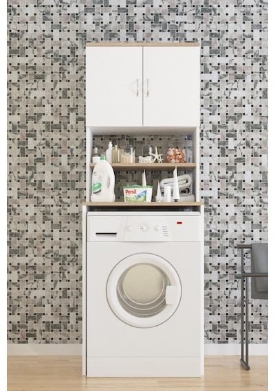AE-2042 Solo Çamaşır Makinesi Dolabı, Banyo Dolabı, 4 Raflı, Kapaklı, Beyaz Dolap Beyaz