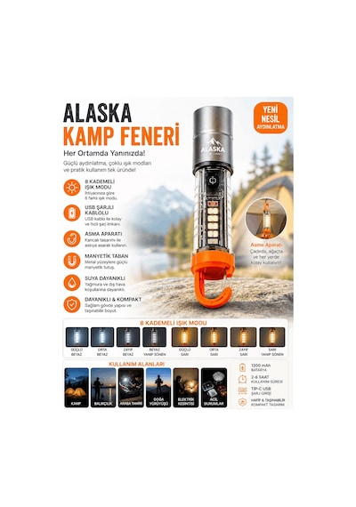 Alaska Kamp Feneri Usb Şarjlı 8 Modlu Led Aydınlatma Gri