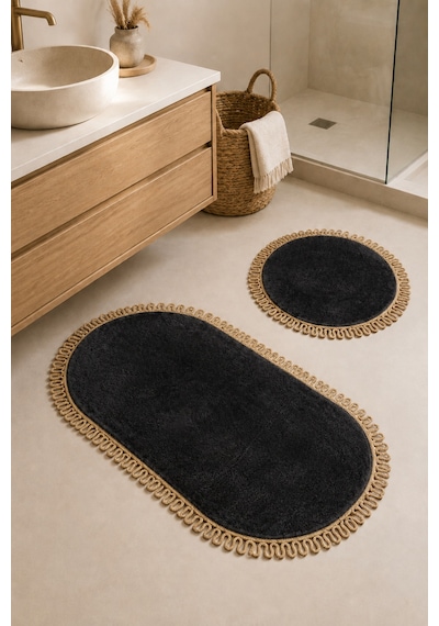 El Yapımı Bohem Banyo Paspası 2'li Peluş Kaymaz Jel Taban Yuvarlak 60x60 Cm Ve Oval 55x100 Cm Siyah Jüt Hasır