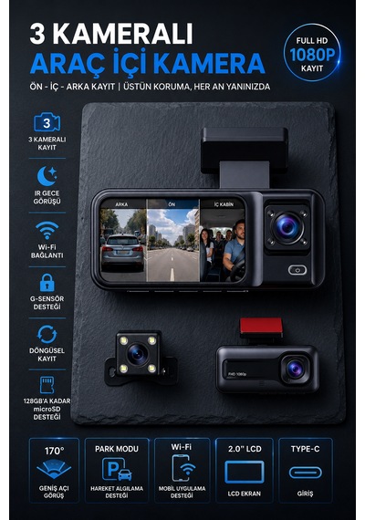 3 Kameralı Araç İçi Kamera Full HD 1080P Ön Arka İç Kamera IR Gece Görüşü G-Sensör Dashcam