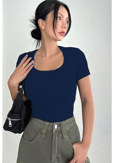 Rooted Kadın Kare Yaka T-shirt & Bluz , Likralı Fitilli Kaşkorse Kumaş Lacivert