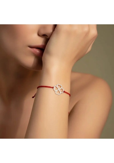 G&a Jewels - Kalpli Yonca - 925 Ayar Gümüş 0.01ct Pırlanta Taşlı Kırmızı İpli Bileklik Gümüş - Kırmızı