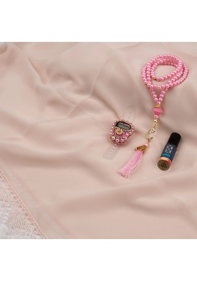 İğne Oyalı Şal + Tesbih + Zikirmatik + Esans Hediye Seti Pembe Pembe