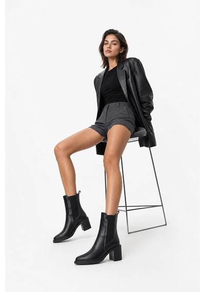 Luvi Shoes Huxley Siyah Cilt Lastikli Sivri Burunlu Kalın Topuklu Kadın Bot