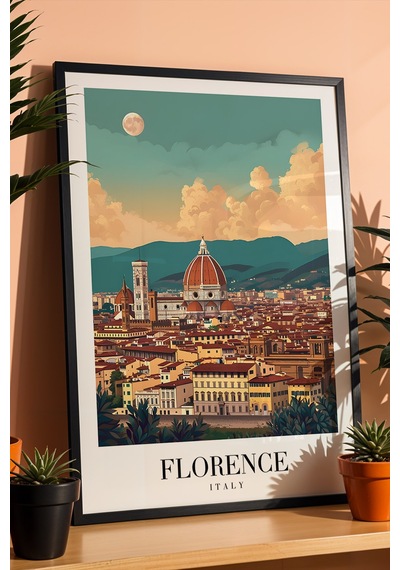 Florence Italy Vintage Seyahat Posteri Çerçeveli Tablo - Premium Floransa Elit Duvar Dekoru Siyah