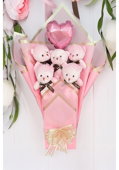 Sole Sevgiliye Led Işıklı Özel Pembe Konsept Balonlu Romantik Peluş Ayıcık Buketi